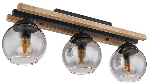 Globo Deckenleuchte Deckenlampe Wohnzimmerlampe Esszimmerleuchte, Metall Eichenholz schwarz rauchfarben, 3 Flammig, E27, H 20,5 cm