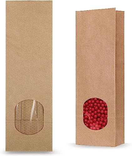 Saccheti di carta per alimenti e confetti - 100x, 20x7x4 cm con finestra trasparente e fondo quadro.