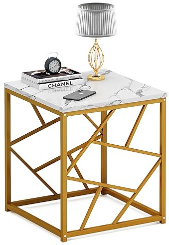 sogesfurniture Moderner Beistelltisch, Nachttisch, Sofatisch Telefontisch Wohnzimmertisch goldenen Metallbeinen, quadratisch, für Schlafzimmer, Wohnzimmer, Büro, 50x50x55cm