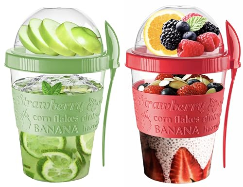 VL Yogurt Pots Spoon Reusable 600ML Overnight Oats Muesli Cup with Lid BPA free Breakfast Cereal To Go Dishwasher Safe Snack Lunch Oatmeal Jars Travel Meal Food Container 20 oz (Red,Green)