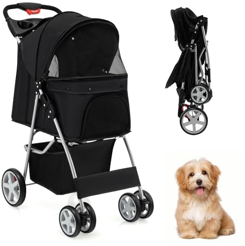 SOARS Hundebuggy, Hundewagen bis 15kg klappbar, Katzenwagen mit Netzfenstern & Getränkehalter & Aufbewahrungskorb, Haustier-Kinderwagen für kleine Haustiere (Schwarz)