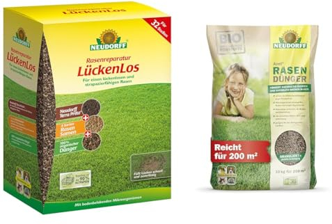 Neudorff Rasenreparatur LückenLos 2,5 kg für 32 Stellen & Azet RasenDünger – Organischer Bio-Rasendünger für 200 m² sorgt für eine dichte, grüne und strapazierfähige Rasenfläche, 10 kg