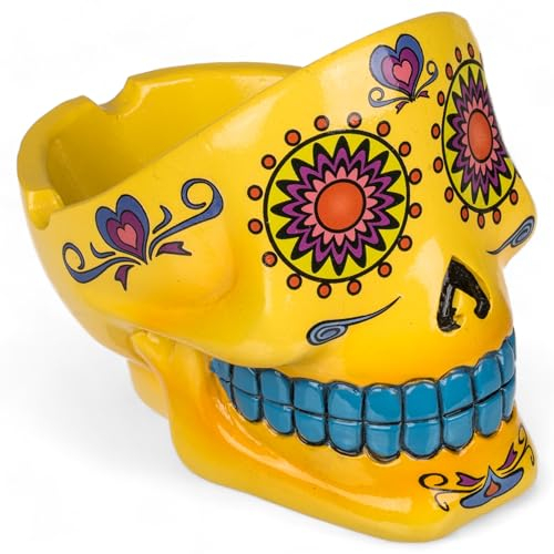 MIJOMA Sugar Skull Aschenbecher - Dekorativer Totenkopf Aschenbecher im mexikanischen Calaveras Stil - Handbemalt Polyresin Deko Souvenir für Raucher (Gelb)
