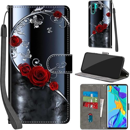 Handyhülle für Huawei P30 Pro Hülle PU Leder Schutzhülle Klappbar mit Kartenfach Ständer Handytasche mit Kameraschutz Flip Case Klapphülle für Huawei P30 Pro, silberner Schmetterling