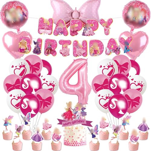 Heartsking 38 Stück Prinzessin Geburtstag Deko Set für Mädchen - Luftballon, Tortendeko, Party Set für 4 Jahre