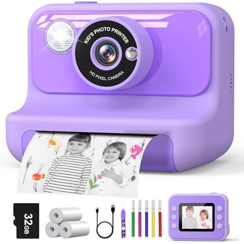 Hangrui Appareil Photo Instantané Enfant, 2.4 Écran Appareil Photo Enfant avec Carte 32G & Papier Photo, HD 1080P Vidéo Caméra Enfant,Noël Anniversaire Cadeau pour Filles Garçons 3-10 Ans (Violet)