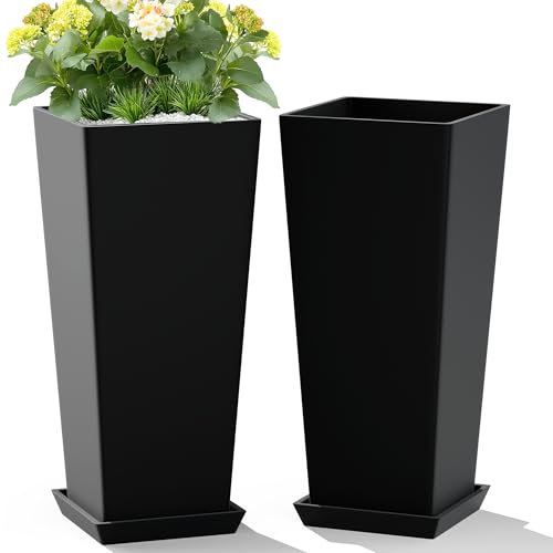 TUYOHW Lot de 2 Grands Pots de Fleurs pour intérieur ou extérieur de 61 cm avec Soucoupe pour Porche, terrasse, Jardin, Grands Pots de Fleurs pour Plantes d'intérieur et d'extérieur (Noir)