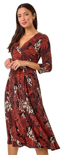 Roman Fit and Flare Dress for Women Ladies Chest Twist Knot Ruched Tea Skater Empire Waist Wedding Guest Smart Casual Swing Midi 3/4 Long Sleeve Knee Length - Orange - Size 18