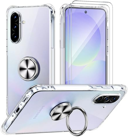 Hülle Ringhalter Kompatibel mit Samsung Galaxy A56 A36, Silber Ring | Crystal Clear Handyhülle Silikon Vier Ecken Anti-Fall TPU Case 360 Grad Ständer Schutzhülle