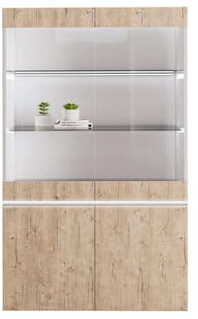 AltoBuy Chris Oak - Vitrine 2 Portes Laquée Blanc Brillant Aspect Boise avec LED