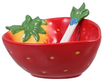 BEBEMOKO 1ensemble Bol Céramique Kawaii Forme De Fraise Avec Cuillère Adorable Pour Salades Fruits Et Snacks Décoration De Cuisine Et Dîner