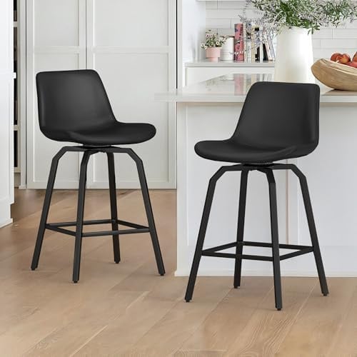 LUE BONA 360°Drehbarer Barhocker 2er Set mit Lehne,66cm Hoch Drehsessel–Barstuhl Metall mit Kunstleder Sitzfläche,Bar Hocker mit 4 Metallbeinen,Moderner Barstuhl für Küche,Theke,Schwarz