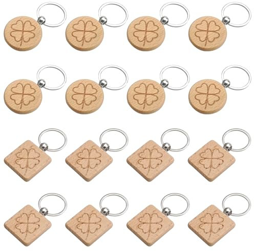 APKOL 16 Stück Schlüsselanhänger Holz Kleeblatt Glücksbringer, Schlüsselanhänger Kleeblatt Rund Quadratisch, Runder Glücksbringer Ideal als Geschenk für Dekoration, Geschenke