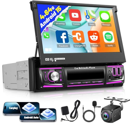 Radio de coche Android 13 1 DIN con Carplay inalámbrico y Android Auto – Radio táctil retráctil de 7 pulgadas con Mirror Link, EQ, AI DSP, WiFi, GPS, radio FM/RDS, SWC + cámara de respaldo AHD