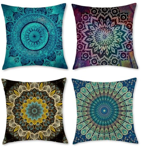 BREASOME Kissenbezug 45x45 cm 4er Set Kissenbezüge Mandala Muster Retro Ethisch Stil Polyester Kissenhülle Dekorative Sofakissen Dekokissen Zierkissenbezug für Sofa Couch Wohnzimmer Schlafzimmer