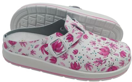 Zoccoli Donna da Casa e Lavoro, Ciabatte Sanitarie Chiuse e Comode, Pantofole Riposanti con Plantare Estraibile (Fiorito Rosa, Sistema Taglie Calzature EU, Adulto, Donna, Numero, Media, 41)