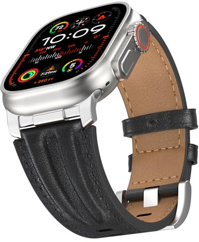 Bouixel Correa de piel auténtica de grano superior compatible con Apple Watch Ultra de 49 mm, 46 mm, 45 mm, 44 mm, 42 mm, correa de conector de metal resistente para mujeres y hombres, iWatch Ultra 2