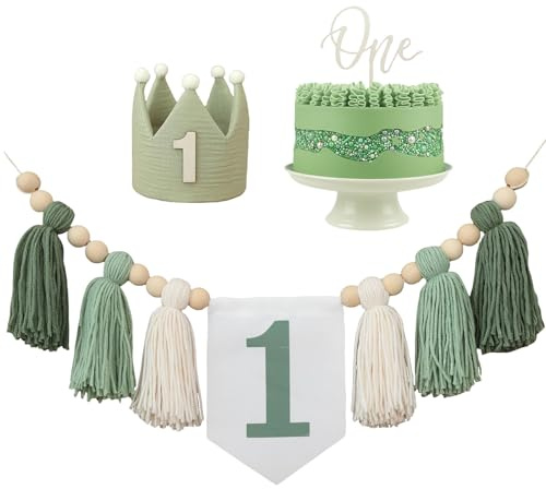 GlamRays 1 Geburtstag Hochstuhl Banner Grüne Partydeko für Mädchen Jungen Baby Dusche Kinderzimmer (mit 1 “One” Holzschildern)