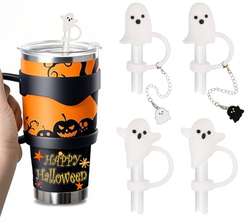 VEYLIN 4Pcs Cute Halloween Ghost Straw Covers Cap and 2Pcs Ghost Pendant, Halloween Silicone Reusable Drinking Straw Topper with 2 Styles