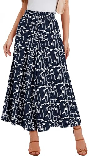 WUWUSKY Jupe Culotte Femme Pantalon Large Taille Haute Pantalon d'Été Léger Infroissable de Plage avec 2 Poches pour Quotidien et Soirée, 02 Bleu/Forme carrée, XXL