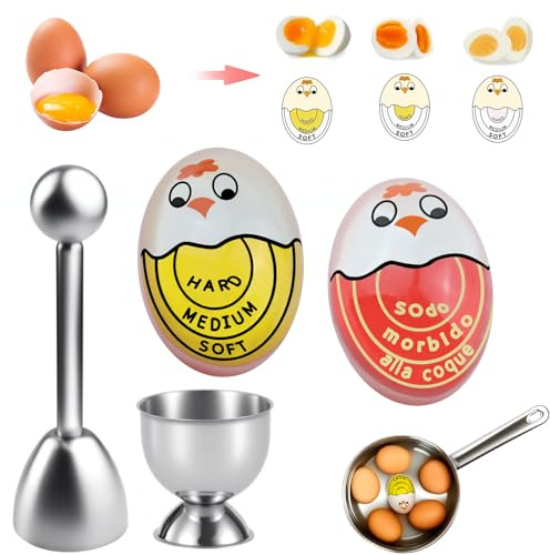Eieruhr Zum Mitkochen mit Eierschalenöffner und Eierbecher aus Edelstahl | 4 Stk, Wärmeempfindlich Farbwechsel, Egg Timer, für Zuhause, Schule, Restaurant, Eieruhr zum Anzeige Hart/Medium/Weich