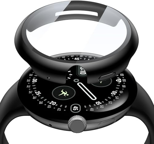 Misxi 2-Stück Harte PC Schutzhülle mit 9H Gehärteter Displayschutzfolie für Google Pixel Watch 4 45mm, Ultradünne Hülle mit Vollflächigem Displayschutz, Einfacher Installation, Schwarz