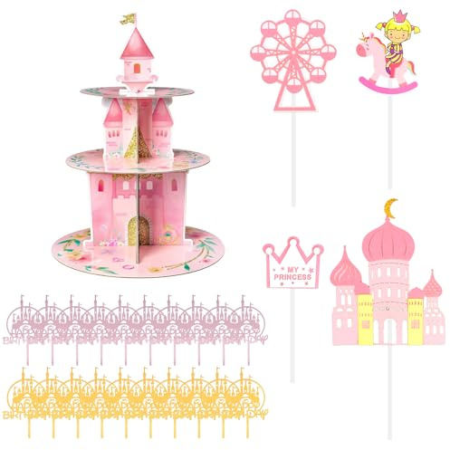 Aohyue 3 Tiers Watercolor Princess Cupcake Stand, Birthday Party Cardboard Cupcake Holder Decorations, with 24 Castle Cake Flags, Castle Floral Dessert Tower Party Supplies for Kids Girls Pink Themed