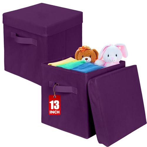 powerking 13inch Storage Box Bins, 2 Pack Foldable Fabric Storage Cube with Lid, Clothes Organizer Drawer For Closet And Toys Storage,33x33x33cm, Deep Purple