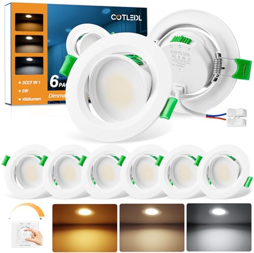 COTLEDL 6er Einbaustrahler LED Dimmbar, 5W 450 lm LED Spots 230V | Spots Deckenleuchte 3000/4000/6000K, Ø68–80mm Lochmaß, IP44 Schwenkbar Einbauleuchten für Bad/Küche/Wohnraum