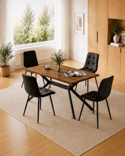 LEWE esstisch Holz mit 4 Schwarz Holländischer Samt stühlen Set | Dunkle Rechteckig Tischplatte 140 x 80 cm, Stuhl-und Tischbeine aus Metall, ergonomisch, geeignet für Küche Wohnzimmer