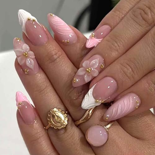 24 Pièces Rose Faux Ongles French, Fleur 3D Press on Nails Amande Moyen, Acrylique Faux Ongles Autocollants avec Perle Dorée Dessin, Artificiels Ongles à Coller pour Femme et Fille DIY Manucure