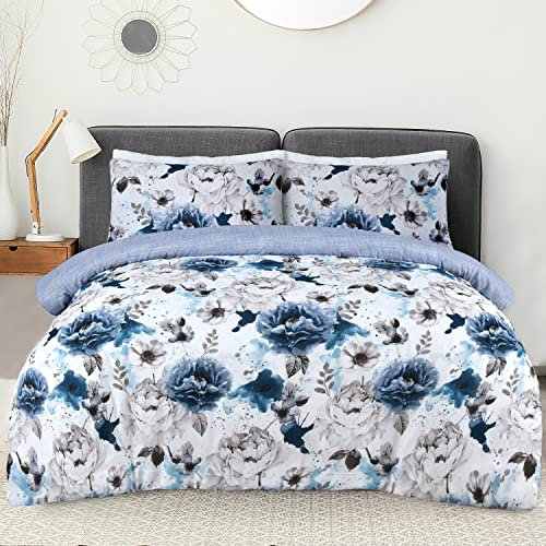 Sleepdown Duvet Cover Set - Blue - Inky Floral – Plain Reversible Quilt Cover Easy Care Bed Linen Soft Cosy Bedding Sets with Pillowcases - Double (200cm x 200cm)
