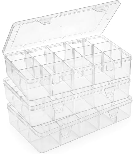 Bead Organizer Storage 3 Pack 15 Grid Clear Plastic Tackle Box Adjustable