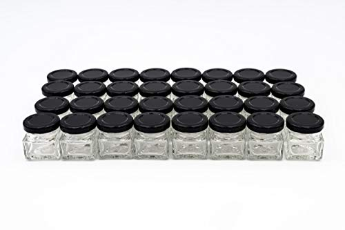 Flaschenbauer - 32 Mini Gläser 40 ml quadratisch mit schwarzem Schraubdeckel TO 43 - Kleine Gläser aus Glas für Konfitüre, Honig und Gewürze