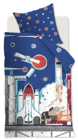 Beddinghouse Kids Renforcé Bettwäsche 2 teilig Bettbezug 135 x 200 cm Kopfkissenbezug 80 x 80 cm Kids Rocket Ship 196416 Blau
