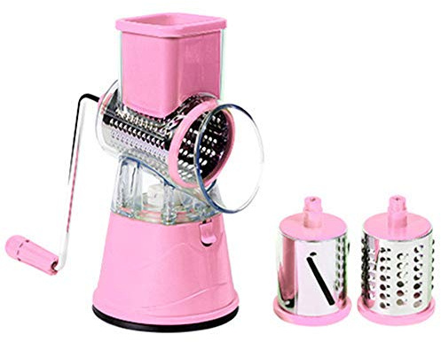 Multifunctional Vegetable and Fruit Cutting Machine, Rotating Drum Cheese Grater with 2 Stainless Steel Revolving Blades, Manual and Safe Milling, Slicer-Pink