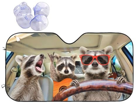 Bargburm Tres Divertidos mapaches Animales parasoles para Parabrisas para Coche, SUV, camión (51 x 27,5 Pulgadas)