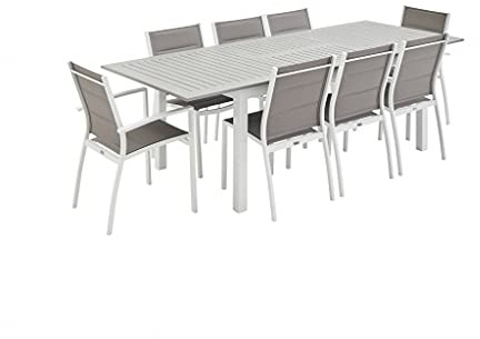 sweeek Alice's Garden - Table de Jardin Extensible Aluminium + 8 assises - Chicago Blanc/Taupe - Table Extensible 175/245cm avec rallonge et 8 assises en textilène