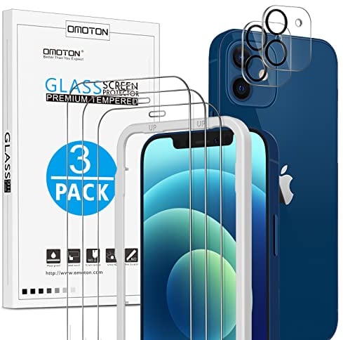OMOTON Verre Trempé Pour iPhone 12, 3 Pièces Protecteur d'écran et 2 Pièces Caméra Protection écran avec Cadre d’installation, Anti-rayures, Sans Bulles, Anti-empreintes, Ultra Transparent