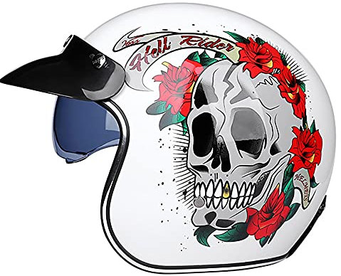 Woljay Retro Motorradhelm 3/4 Jethelm Halbhelme Motorrad Jethelm mit Schild Sonnenblende für Männer Frauen Erwachsene ECE 22/05 DOT Approved (Extragroß, Totenkopf weiß)