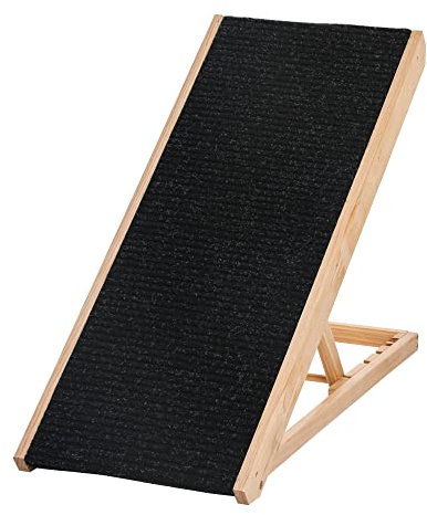 PawHut Rampa para Perros y Gatos Plegable de Madera 90x40x61 cm con Altura Ajustable de 4 Niveles y Alfombra Antideslizante Escaleras de Mascotas para Coche Cama y Sofá Natural