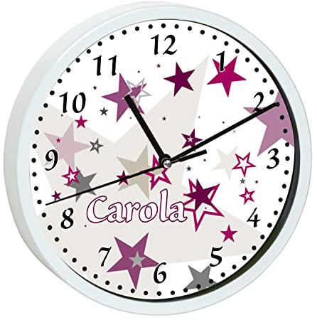 CreaDesign, Wanduhr Kinder personalisiert mit Name, Motiv Sterne Brombeere grau, Rahmen Wanduhr weiß, Ø 19,5 cm