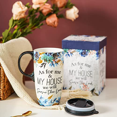 DUSVALLY Ceramic Mug Tall Coffee Cup with Lid, Handle and Gift Box Latte Mug 17oz,Blue Flower