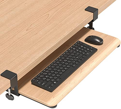 BONTEC Under Desk Keyboard Tray, Pull Out Keyboard Tray with C Clamp, 650x300 mm Computer Drawer for Typing, Perfect for Home or Office, Light Wood