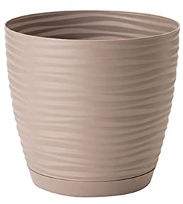 Acan Tradineur - Maceta Redonda con Plato - Diseño Sahara (Ø 19 cm) - Fabricado en plástico - Ideal para jardín Exterior, terraza o balcón - Color Topo