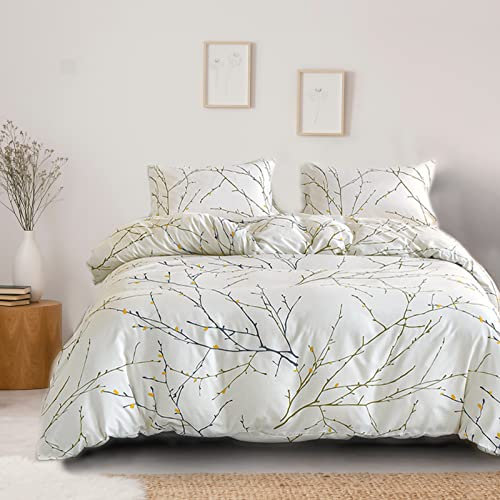 Nyescasa Bettwäsche 135x200 4 Teilig Beige Blumen Botanisch Muster Bettwäsche-Set Blume Zweig Design Wendebettwäsche Weiche Mikrofaser 2 Bettbezug mit Reißverschluss und 2 Kissenbezug 80x80cm