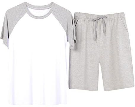 Herren Schlafanzug Kurz Pyjamaset Zweiteiliger Set Weich Hausanzug Sommer Nachtwäsche Freizeitanzug Kurzarm Schlafanzug Shorty Rundhals T-Shirt und Schlafshorts mit Brusttasche