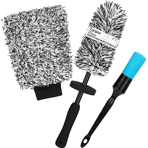 UPGRADED Microfiber Wheel Cleaning Brush Kit with Car Detailing Brush & Wash Mitt, Flat and Scratch Free Tire Cleaner Brush Tool Set for Auto Truck Motorcycle Wheel Barrel Spoked Rims Wash