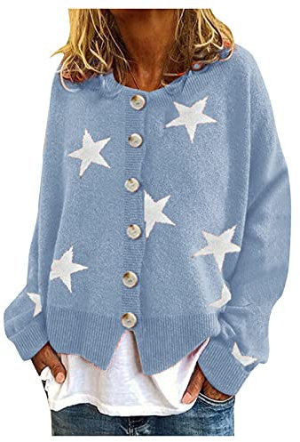 WVONIF Femmes Chaud Mode Pull Cardigans étoile Impression à Manches Longues Chandails à col Rond recadrée Bouton Pull Haut Plaid Polaire Pull (Blue-E, S)