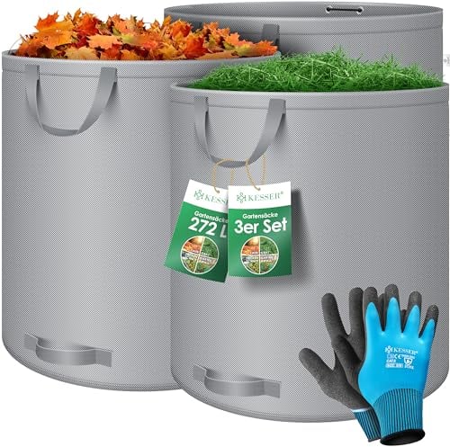 KESSER® Gartensack 3x 272L Set Laubsack Gartenabfallsack inkl. Handschuhe - Selbststehend 4 Griffe Stabil Robust & Faltbar - Laubsäcke Rasenschnitt Gartensäcke für Gartenabfälle Grünschnitt Grau